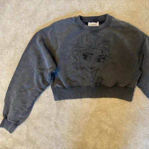 Mörkgrå sweatshirt med Elsa-tryck från Frozen - Mysig mörkgrå sweatshirt med en stor svart teckning av Elsa från Frozen på framsidan. Tröjan har rund halsringning, långa ärmar och ribbade muddar vid ärmslut och nederkant. Perfekt för dig som älskar Disney! använd en gång! 