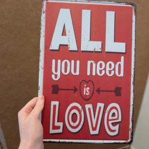 ALL you need is LOVE - En dekorativ skylt med texten 'ALL you need is LOVE' i retrostil. Perfekt för att ge rummet en mysig och inspirerande känsla. Skylten har en röd bakgrund och vit text med hjärtdetaljer.