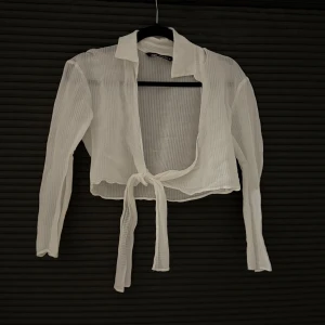 Vit transparent knytblus från Zara - Säljer en vit transparent blus från Zara med långa ärmar och knyt framtill. Blusen har en klassisk krage och är tillverkad i ett lätt, ribbat material som ger en luftig känsla. Perfekt för att skapa en trendig och stilren look.