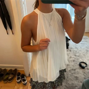 Vit plisserad ärmlös linnetopp - Säljer en superfin vit linnetopp med plisserat tyg och hög hals. Toppen är ärmlös och har en flowy, luftig passform som ger en riktigt fräsch vibe. Perfekt till sommarens alla häng och passar snyggt till både kjol och jeans.