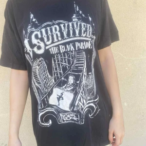 Svart My Chemical Romance t-shirt - Svart t-shirt med stor vit tryck framtill med texten 'I Survived The Black Parade'. Klassisk passform med rund hals och korta ärmar. Står L men passar väl mer typ M/S