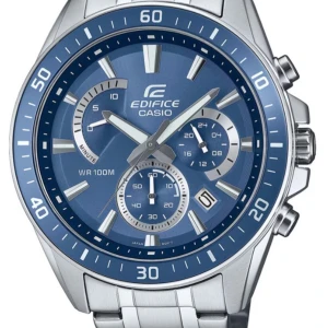 Blå Casio Edifice klocka - Snygg Casio Edifice klocka med blå urtavla och silverfärgad boett. Klockan har flera sub-dials och en datumvisare. Den är vattentät upp till 100 meter och har en robust design med en länkarmband i metall.