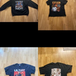 Ett paket med rap kläder - Young Dolph sweatshirt(L)=250kr.   Tyler The Creator T-shirt (M/L)= 225kr.      Lil tjay T-shirt (M/L)=250kr.    Tjay X Pop Smoke T-shirt(XL)= 320kr.       Allt tillsammans=600kr. Pris kan diskuteras