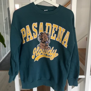 Mörkgrön sweatshirt med Pasadena-tryck från Lindex - Säljer en mörkgrön sweatshirt från Lindex med stort gult och vitt Pasadena-tryck och en tecknad björn på framsidan. Tröjan har rund halsringning och långa ärmar med ribbade muddar. Perfekt för en avslappnad stil.