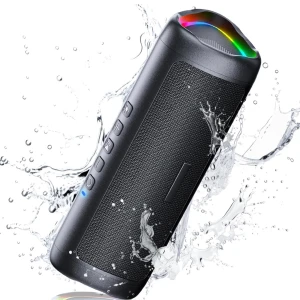 Bärbar svart Bluetooth-högtalare med LED-ljus - Snygg svart bärbar Bluetooth-högtalare med färgglada LED-ljus i toppen. Vattentålig design, ca 20 cm lång och 6,5 cm bred. Levereras med USB-laddkabel, handledsrem och manual. Perfekt för musik på språng.