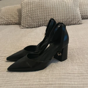 Svarta pumps med blockklack och ankelrem - Stilrena svarta pumps med spetsig tå, bred blockklack och smal ankelrem med guldfärgat spänne. Skorna är i slätt skinnliknande material och passar perfekt till dig som vill ha en klassisk men edgy look.