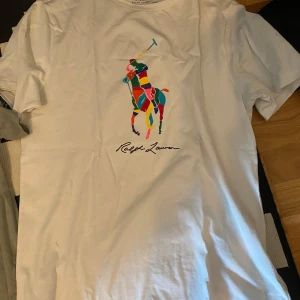 Vit t-shirt från Ralph Lauren och en grön t shirt från peak performance  - Säljer en vit t-shirt från Ralph Lauren med ett färgglatt tryck av en polospelare på framsidan. Perfekt för en stilren och sportig look. T-shirten har korta ärmar och en klassisk passform. 