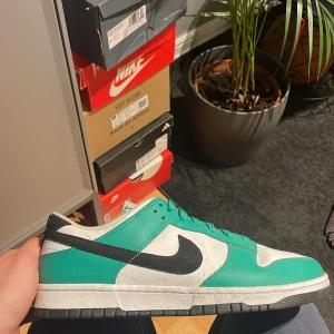 Nike Dunk i turkos och vit - Snygga Nike Dunk sneakers i en fräsch turkos och vit färgkombination med svarta detaljer. Skorna har klassisk snörning och en bekväm passform. Perfekta för en stilren look.