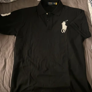 Svart pikétröja från Ralph Lauren - Säljer en stilren svart pikétröja från Ralph Lauren med den ikoniska vita polospelaren broderad på bröstet. Tröjan har en klassisk krage och knappar framtill. Perfekt för en avslappnad men ändå elegant look.
