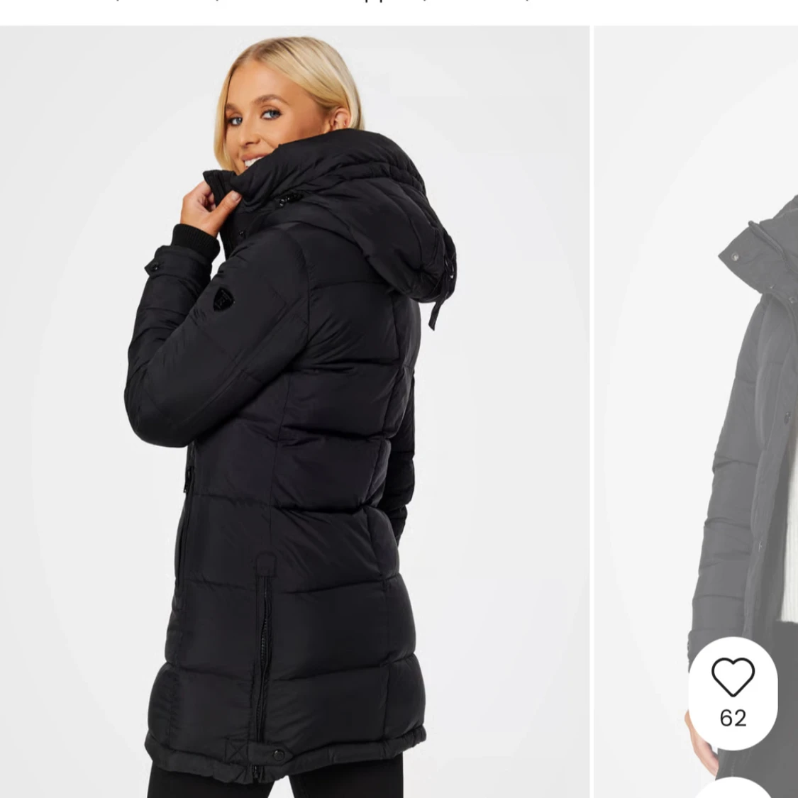 Svart lång pufferjacka med huva