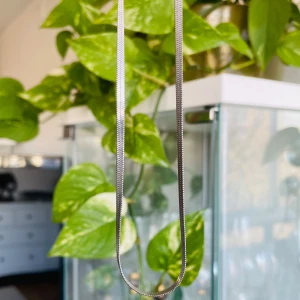 Silverfärgat halsband - Elegant silverfärgat halsband med en slät och glänsande yta. Kedjan har en klassisk design och är försedd med ett karbinlås för säker stängning. Perfekt för att ge en stilren touch till din outfit. Kedjan är gjord i rostfritt stål och är 3 mm bred och är 43 cm lång med en 7 cm förlängning så halsbandet är totalt 50 cm långt.