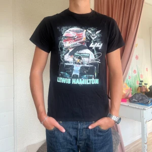 Svart Lewis Hamilton t-shirt - Säljer en svart t-shirt med Lewis Hamilton-motiv. Är en storlek M och är därmed lite liten på mig som vanligtvis bär L.