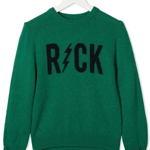Grön stickad tröja från Zadig & Voltaire - Säljer en cool grön stickad tröja från Zadig & Voltaire med texten 'ROCK' i svart på framsidan. Tröjan har långa ärmar och ribbade muddar vid ärmslut och nederkant. Perfekt för en avslappnad stil! Den är helt ny!