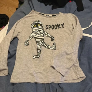 Grå långärmad tröja med mumieprint - Grå långärmad tröja med ett coolt mumie-tryck och texten 'Spooky' på bröstet. Perfekt för dig som gillar unika och roliga motiv. Tröjan har en avslappnad passform och är tillverkad i mjuk bomull.