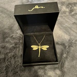 Guldigt halsband med trollslända - Unikt halsband med en detaljrik trollslända i guldton. Kedjan är tunn och smidig, och hängsmycket har fina mönster på vingarna. Kommer i en snygg svart ask med guldfärgad orm på locket. Perfekt för dig som vill sticka ut med ett coolt smycke.