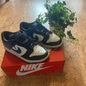 Nike Dunk Low svart/blå/vit - Nike Dunk Low sneakers i svart, blått och vitt skinn. Klassisk siluett med rund tå, perforerad tåbox och blå swoosh på sidorna. Svarta snören och vit mellansula. Perfekta för dig som gillar streetwear och vill sticka ut med en ikonisk modell.