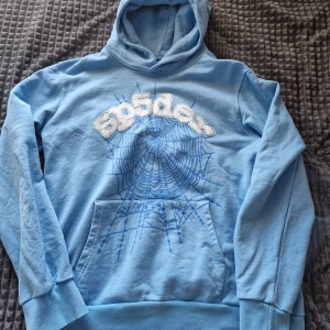 Ljusblå hoodie från Sp5der - Säljer en ljusblå hoodie från Sp5der. Tröjan har huva och magficka, perfekt för dig som gillar streetwear och unika detaljer. Mycket bra skick. Storlek L men passar som M!