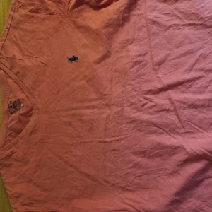 Rosa t-shirt från Ralph Lauren - Säljer en rosa t-shirt från Ralph Lauren med klassisk blå broderad logga på bröstet. T-shirten har v-ringning och är kortärmad, perfekt för en avslappnad stil.