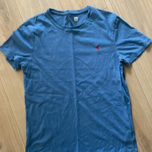 Blå t-shirt från Polo Ralph Lauren - Säljer en blå t-shirt från Polo Ralph Lauren med röd broderad logga på bröstet. Modellen är custom slim fit och har korta ärmar. Perfekt för dig som gillar klassisk och stilren design.