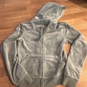 Ljusgrön velour hoodie från Juicy Couture - Säljer en ljusgrön hoodie i mjuk velour från Juicy Couture. Tröjan har dragkedja, huva och två fickor framtill samt broderad JC-logga på bröstet. Perfekt för en avslappnad och trendig look!