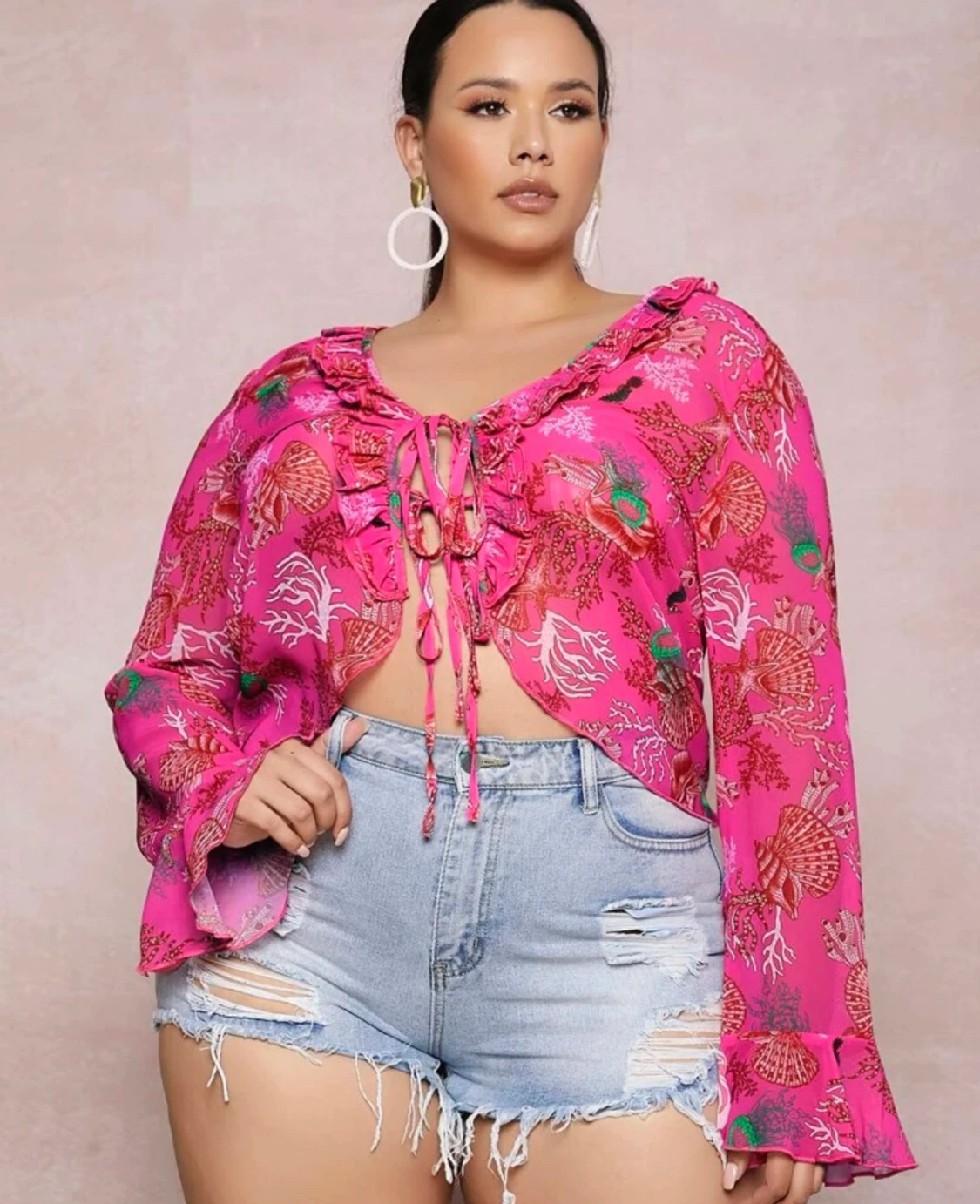 Mönstrad blus med havsmotiv