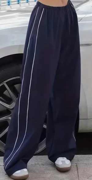 Randiga byxor med vida ben Y2K - Solid långa byxor med högmidja dam kläder och herr kläder