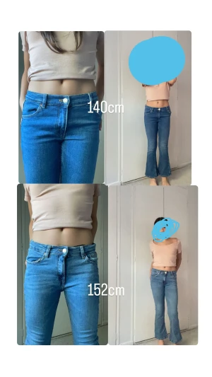 2 bootcut Zara jeans  - Säljer 2 par midwaist bootcut zara jeans i barn storlek. Köpta på zara i Teneriffa för ca 2 år sedan. 1 par kostar 120kr och båda kostar 200kr. Ena paret är ljusblått i storlek 152. Andra paret är mörk blå i storlek 140.  Dem är förkorta på mig som är 150