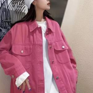 Oversized hot pink vintage denim jacket.