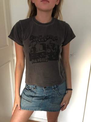 Grå brandy Melville t-shirt med ett coolt tryck på. Lite kroppad beroende på vilken storlek du har men lika fin oavsett💗 frakten ingår inte i priset.