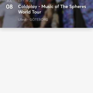Säljer en biljett till Coldplay på Ullevi 8 Juli , sittplats (PDF skickas via mejl efter betalning)