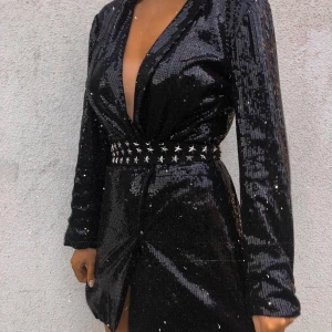 Paljettkavaj/klänning från NAKD - Från Linn Ahlborg x NAKD en paljettkavaj som kan stängas och användas som kavajklänning. Använd en eller två gånger och är därför i bra skick, hund finns i hemmet