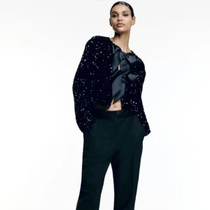 Helt ny svart paljettklädd kofta från HM - Säljer denna superfina svarta paljett koftan, helt ny med prislappen kvar. Den är perfekt för tex nyår och glittrar jättemycket i verkligheten. Kan även bäras som en topp med rosetterna på ryggen. Säljer pga returtiden gått ut. 