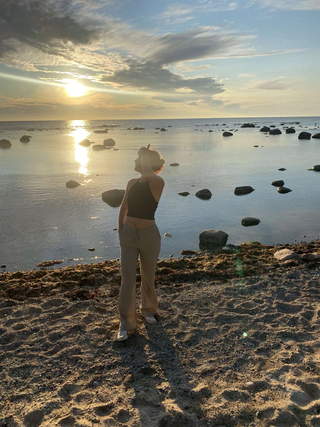 Linneblandade utsvängda byxor 