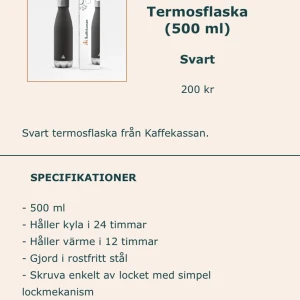 Termosflaska - Normal pris i affärer brukar det kostar ungefär 379kr. Håller kyla i 24 timmar och värme i 12 timmar. Läs bilderna för mer information. Finns i vit, svart, rosa och grön.   OBS: produkten skickas ut den 18 juni, endast swish.