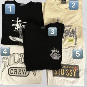 Stüssy tshirt’s från olika kollektioner   1: Såld ❌ 2: Size L 3: Såld ❌ 4: Size L 5: Såld ❌  350kr styck, fynda fynda! 💪