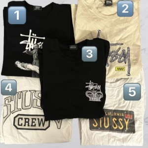 Stüssy- Stussy T-shirt’s  - Stüssy tshirt’s från olika kollektioner   1: Såld ❌ 2: Size L 3: Såld ❌ 4: Size L 5: Såld ❌  350kr styck, fynda fynda! 💪