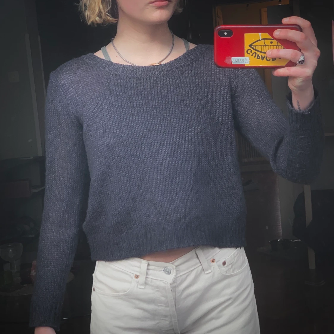 Stickad grå långärmad tröja strl XS - 90