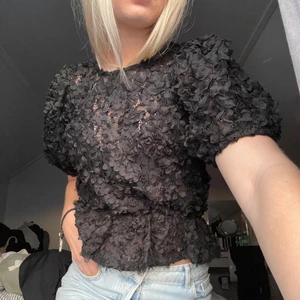 Festtopp  - Superfin lite genomskinlig festtopp/blus med svarta små blommor, lite pösiga axlar och liten volang nertill! Endast använd 2 ggr men är verkligen jättefin på😍 Jag brukar ha XS/S i tröjor. 140 + frakt 🚚 