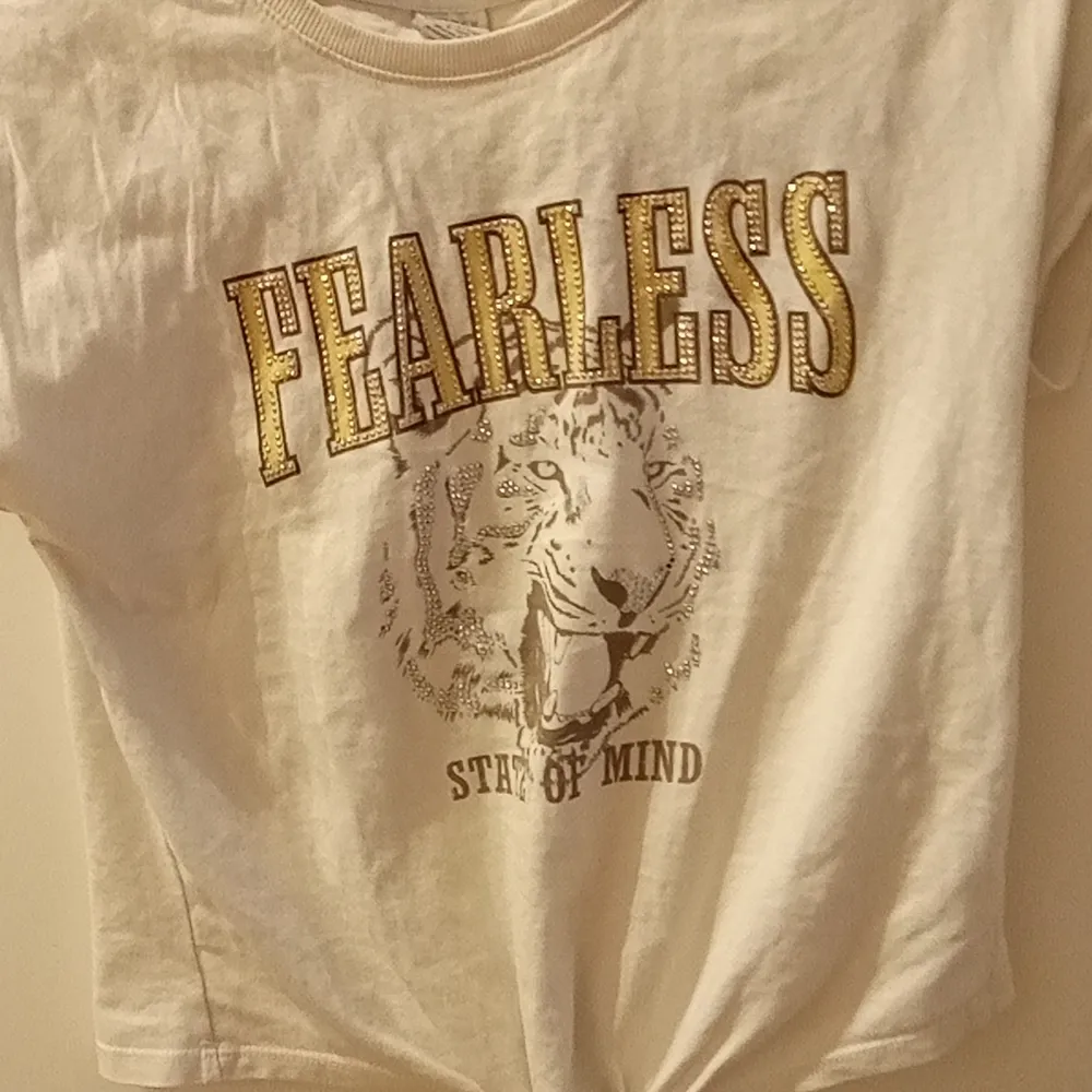 Vit tröja från Lindex och det står FEARLESS med ett lejon under texten. Använd inte så många gånger typ tre kanske men i väldigt bra sick.. Skjortor.