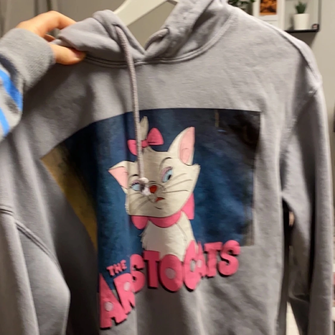 Grå hoodie me en katt på