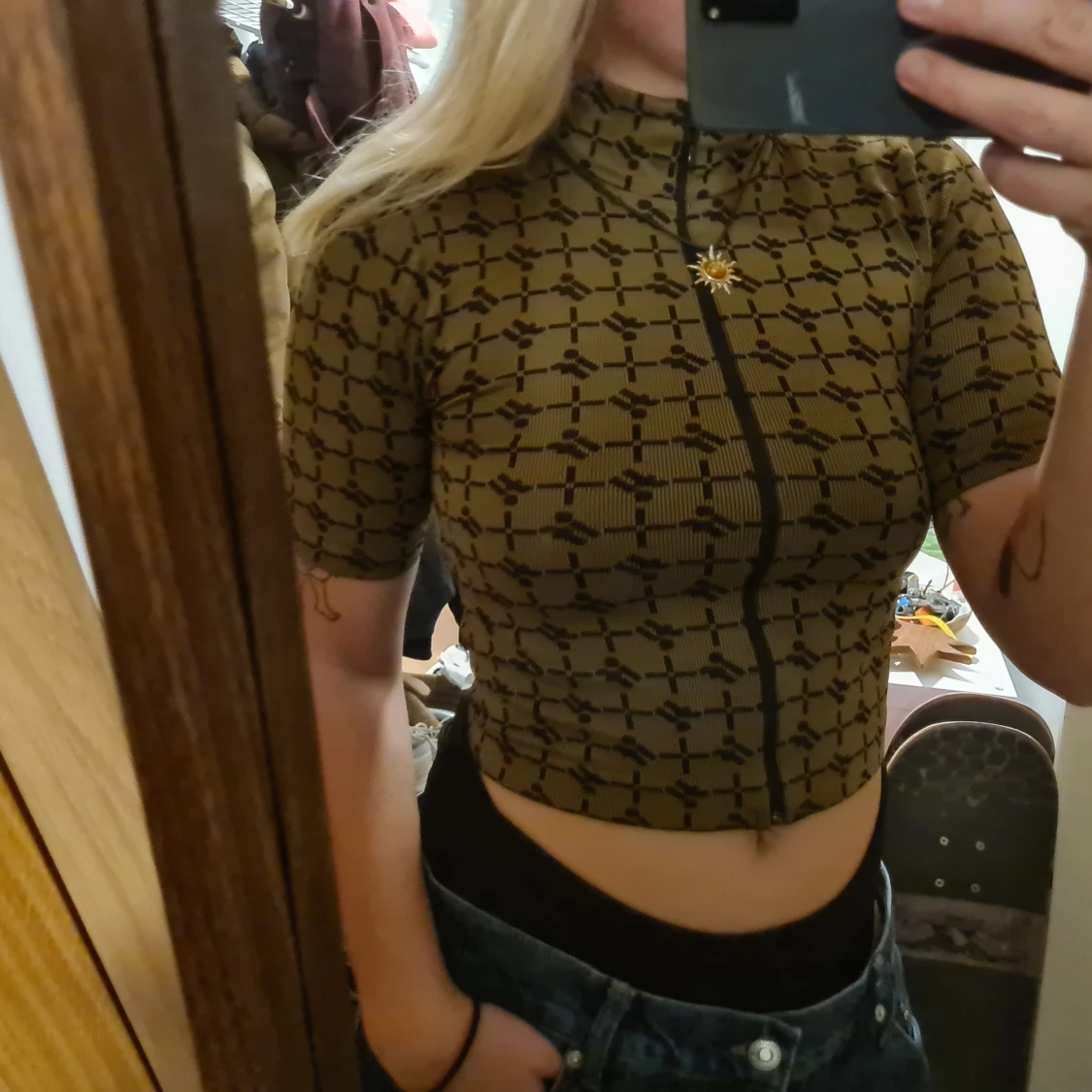 Brun/svart rutig topp - 90