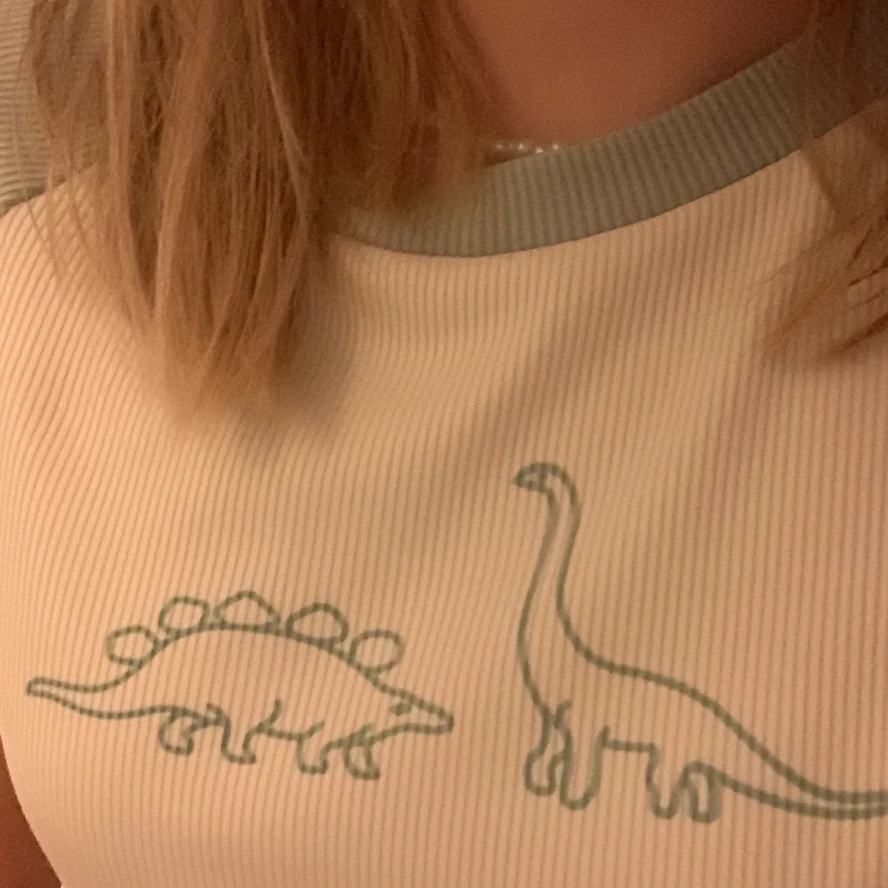 En vit tröja med gröna axlar och två dinosaurier som också är gröna. T-shirts.