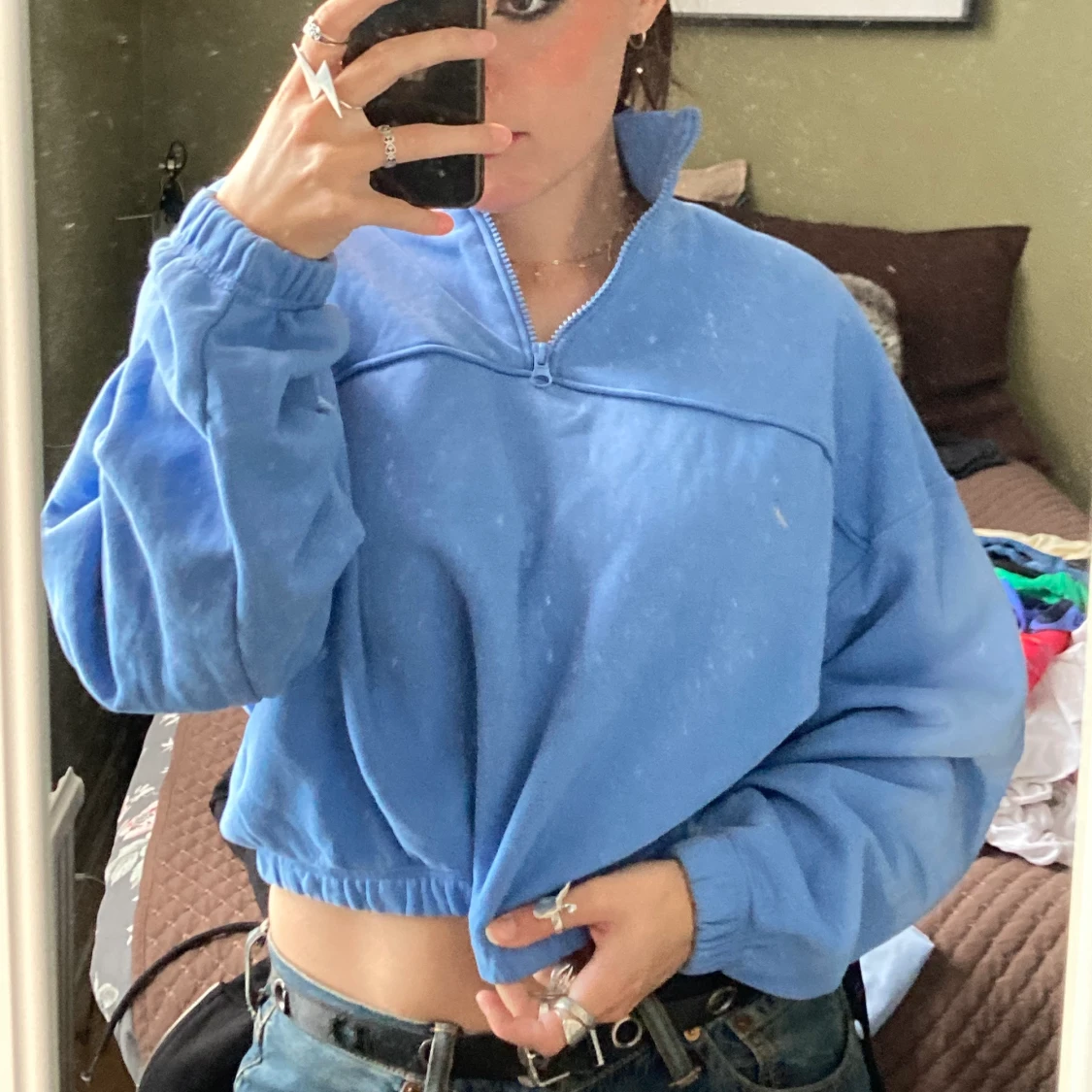 Blå Croppad Tjocktröja