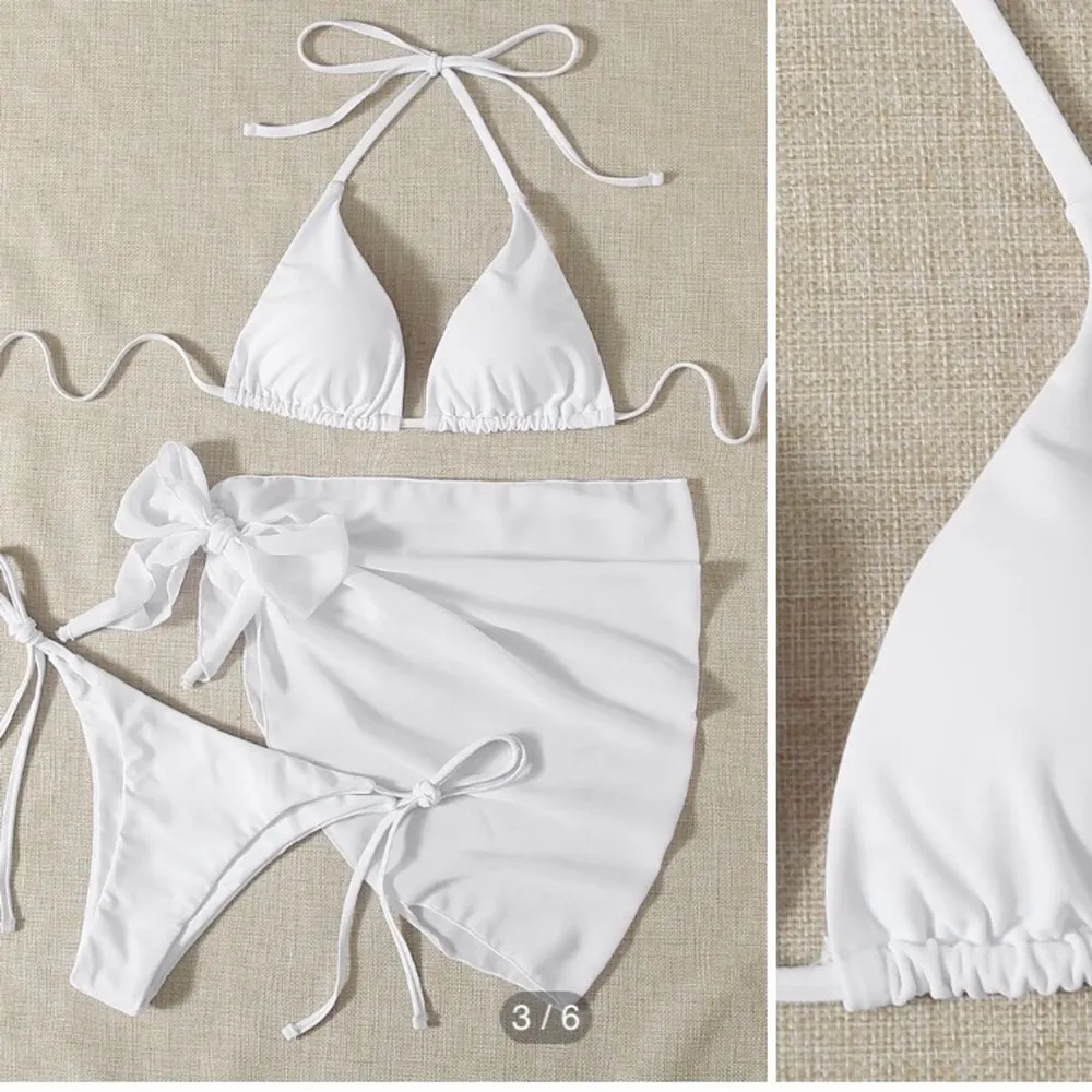 En super fin vit bikini helt ny, inte ens testad. Säljs pågrund av den är för liten, tyvvär ): . Bara att skriva om du har några frågor.❤️💖 OBS: sjalen på bilden tillkommer ej i köpet!. Övrigt.