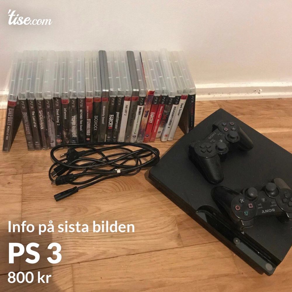Bra skick med 2 st kontroller och alla sladdar till. 24 st spel men ingen aning ifall alla funkar. Går att köpa spel separat, kolla sista bilden för mer info. (De som är överstruket är de som inte finns kvar) 800 kr för bara ps3 eller 1500 för allt :) OPS FINNS PÅ FLER SIDOR (endast swish). Övrigt.