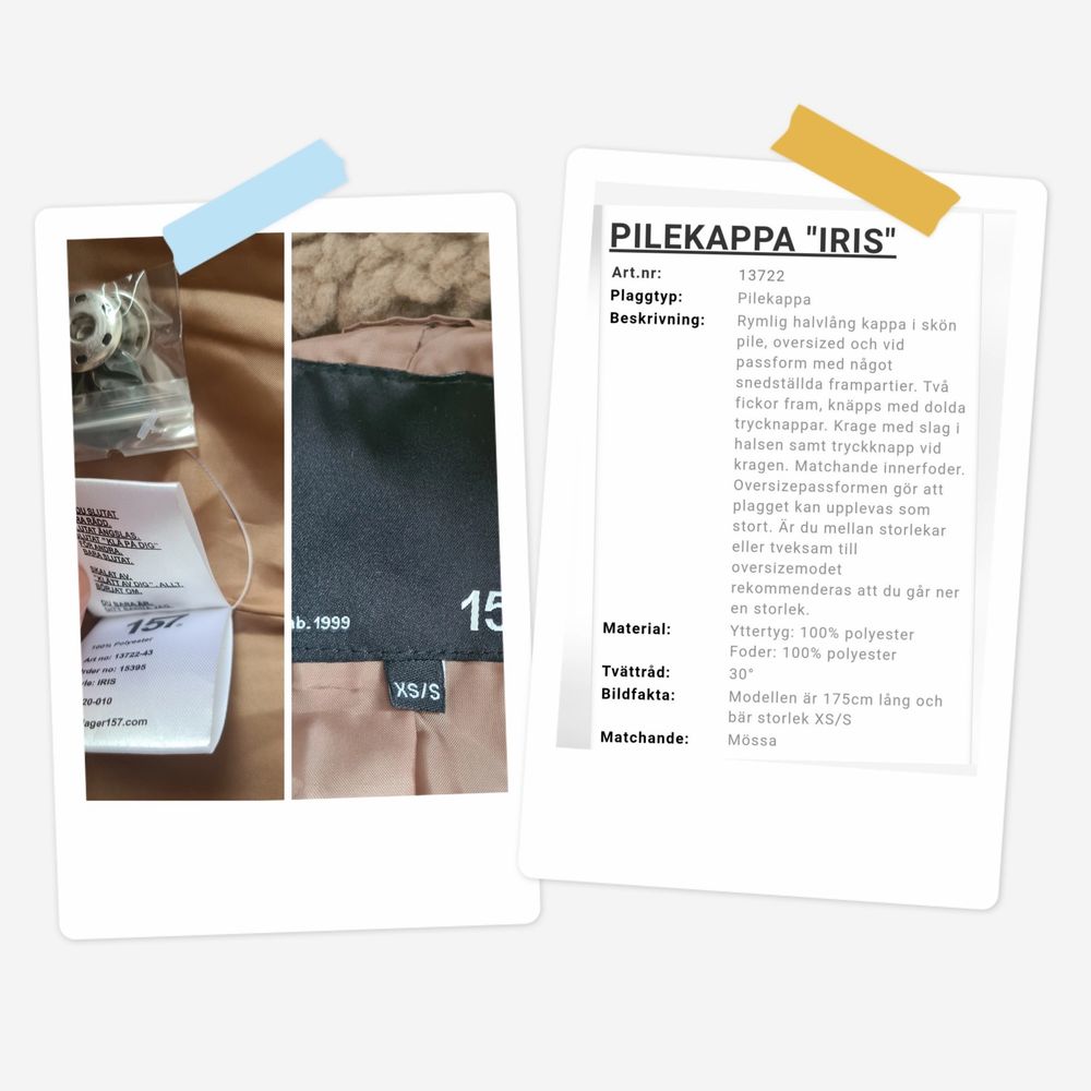 Pilekappa Iris från lager 157 Storlek: XS/S (34-36-38 ?) Skick: Ny, aldrig använt. Etiketten saknades när jag köpte kappan/jackan och var sista storleken. Men som ni ser på bilderna så finns andra etiketter/knappar på osv. Frakt tillkommer.. Jackor.