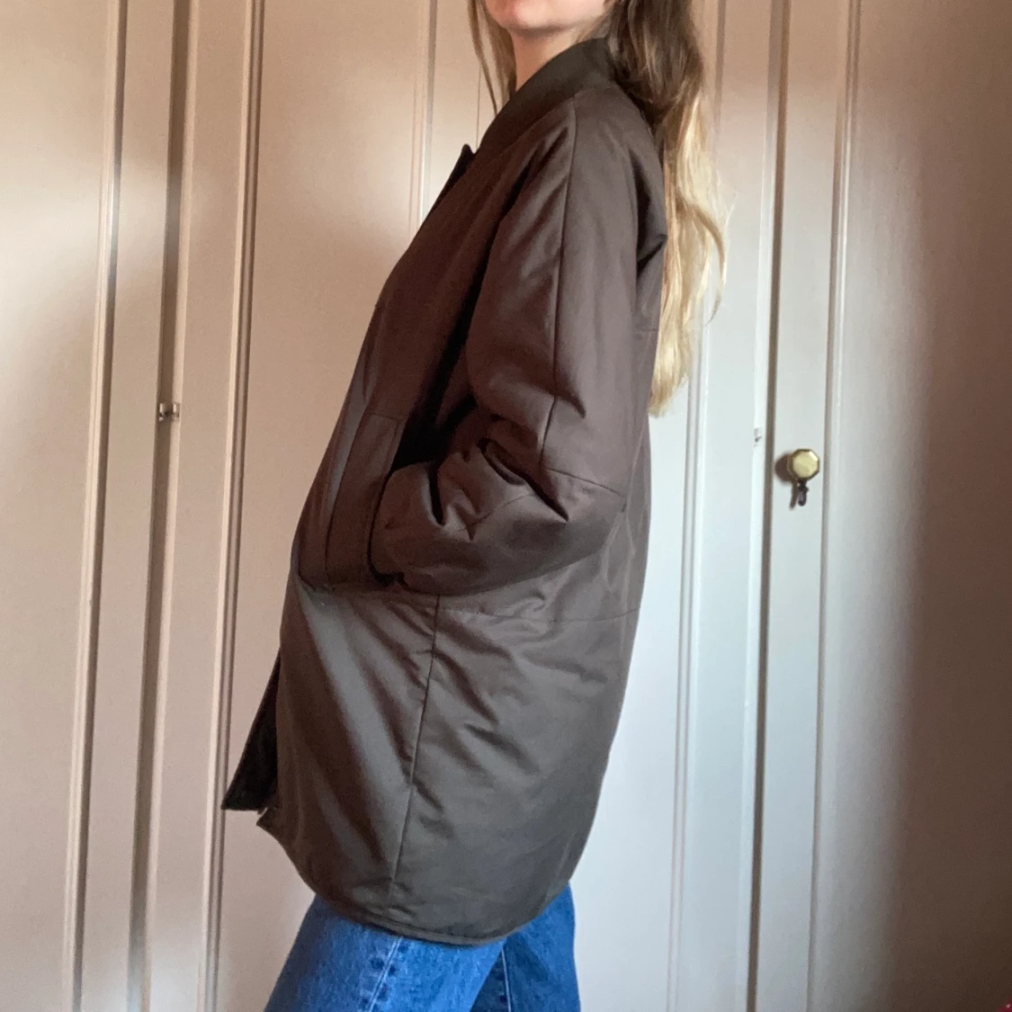 Olivbrun lång bomberjacka - 90