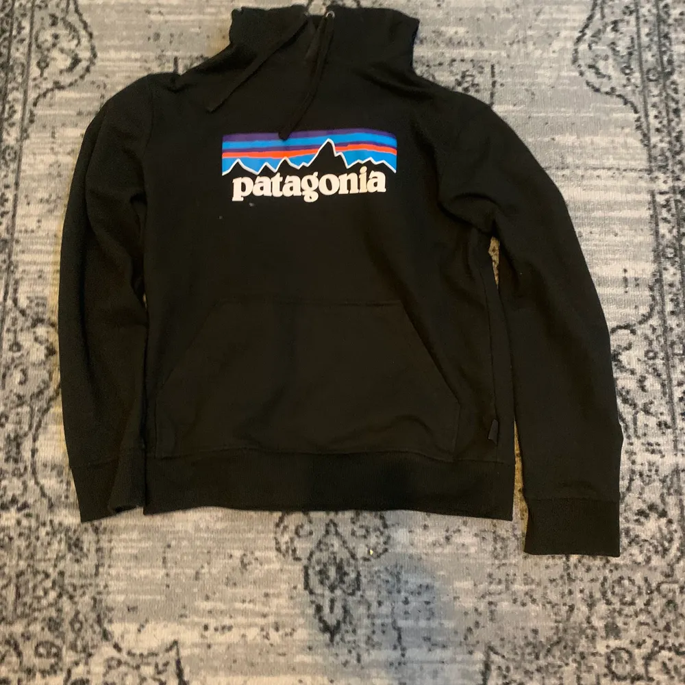 Svart patagonia hoodie med tryck på framsidan. Köpt på junkyard för två år sedan, knappt använd. 🪅🌄. Hoodies.