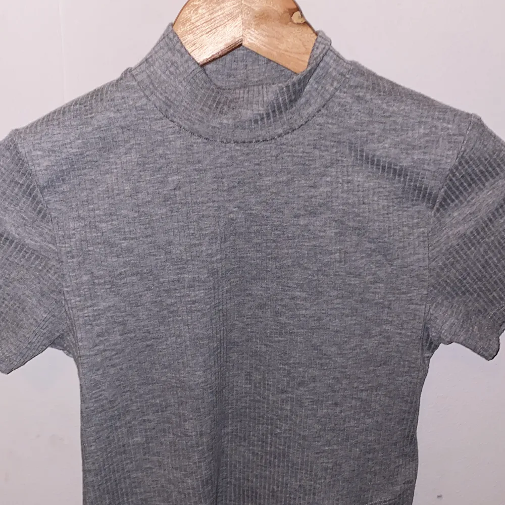 Det är en grå tröja men halsen är det lite med långare och den finns en streck på tröjan. Toppar.
