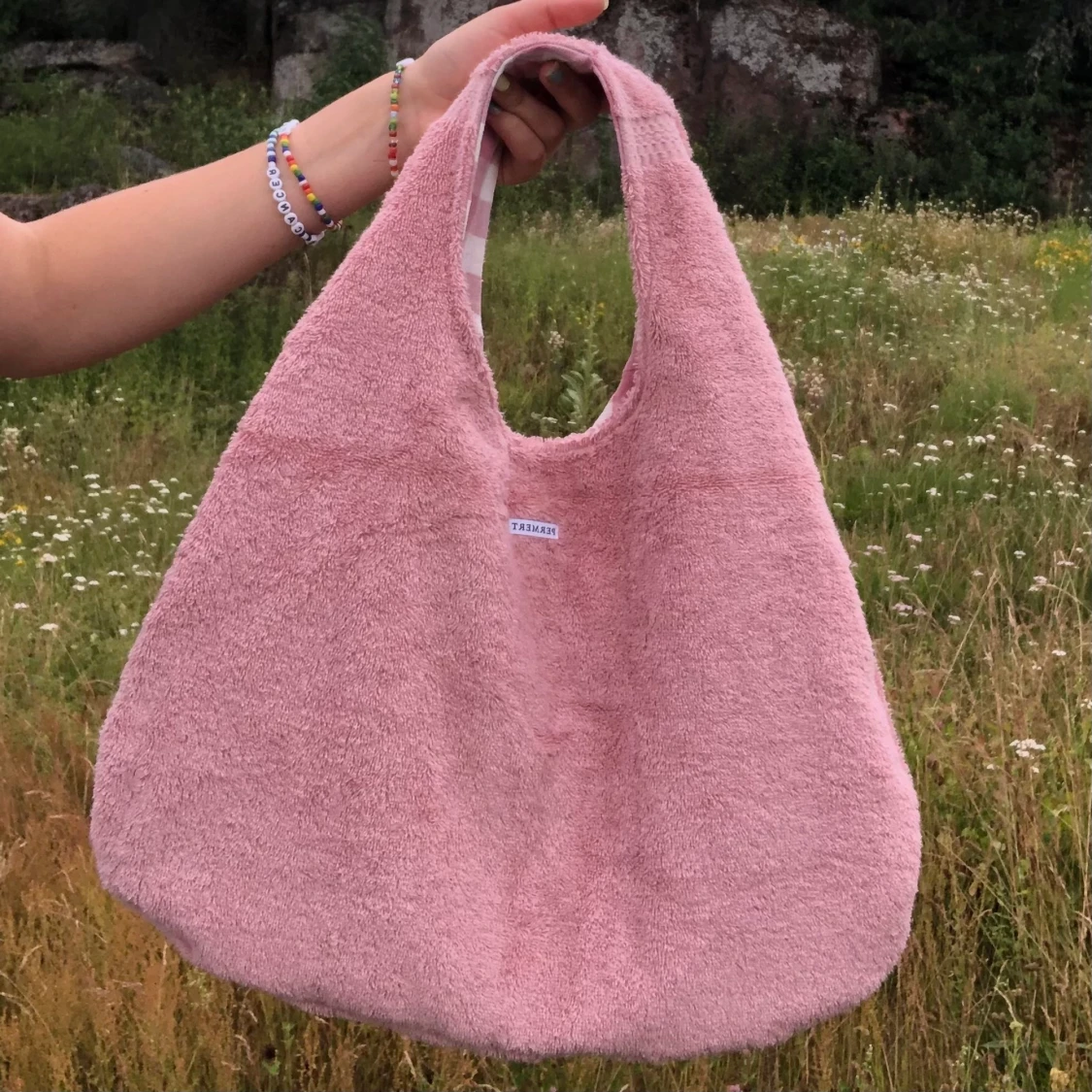 Handsydd större rosa frotté väska /tygpåse - 91